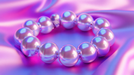 A stunning pearl bracelet displayed on a vibrant satin fabric background featuring rich purple and pink hues. Perfect for fashion and jewelry lovers.の素材