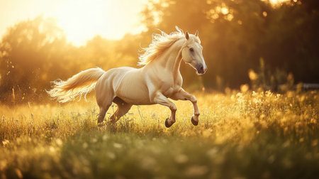 A stunning white horse gallops gracefully through a golden field, illuminated by the warm glow of the sunset, capturing the essence of freedom.の素材