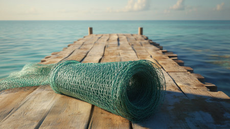 A beautiful scene featuring a rolled fishing net on a wooden pier, with calm blue waters extending into the horizon, creating a tranquil coastal atmosphere.の素材