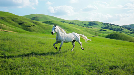 A stunning white horse elegantly gallops across expansive green hills, capturing the essence of freedom and natural beauty under a vibrant blue sky.の素材