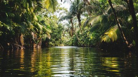 A tranquil river meanders through a lush tropical rainforest, surrounded by vibrant green palm trees and serene water reflections. Perfect for nature lovers!の素材