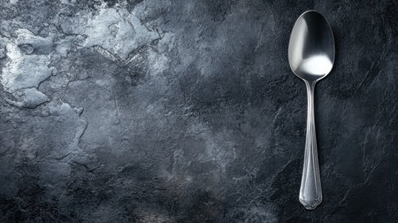 This image features an elegant silver spoon resting on a dark textured surface, highlighting the delicate reflections and unique patterns of the background.の素材