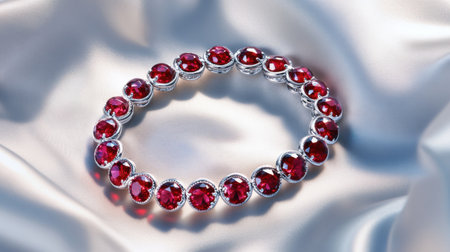 This beautiful red gemstone bracelet, set against a silky backdrop, embodies elegance and luxury, perfect for special occasions or as a thoughtful gift.の素材