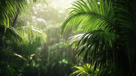 This captivating image captures a vibrant tropical rainforest scene, showcasing rich green foliage with rainfall creating a calming atmosphere.の素材