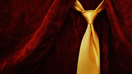 This image features a bright golden necktie elegantly draped over rich velvet fabric, creating a striking visual contrast ideal for fashion presentations and styling inspirations.の素材