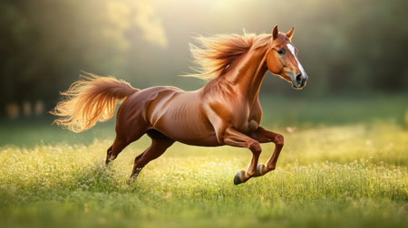 A stunning chestnut horse gallops gracefully through a sunlit meadow, showcasing its strength and agility amid a peaceful, natural setting. The vibrant scene captures the essence of freedom and beauty in the wild.の素材