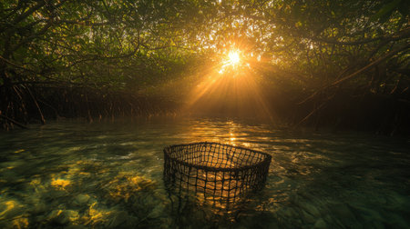 This stunning image captures the beauty of a mangrove forest at sunset, with golden rays of sunlight filtering through lush trees and reflecting off the tranquil waters.の素材