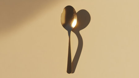 A stunning gold spoon elegantly positioned to cast a soft shadow on a neutral background, perfect for minimalistic culinary-themed projects and visual storytelling.の素材