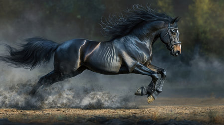 This stunning image captures a powerful black horse galloping through a dusty terrain, showcasing its impressive strength and beauty in motion.の素材