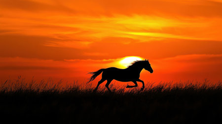 A striking silhouette of a horse running gracefully across a grassy landscape, illuminated by the warm colors of a breathtaking sunset. The scene captures the essence of freedom and nature's beauty.の素材