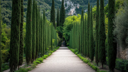 This image features a serene pathway lined with tall cypress trees, inviting viewers into a tranquil landscape filled with lush greenery.の素材