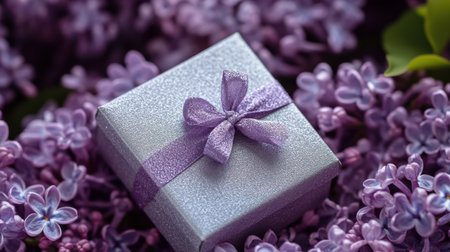 A beautifully wrapped purple gift box adorned with a shimmering ribbon sits atop a bed of fresh lilac flowers, creating a serene and elegant atmosphere perfect for celebrations.の素材
