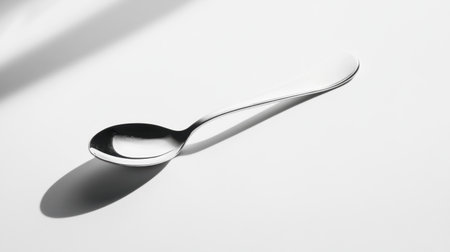 A sleek silver spoon rests on a pristine white surface, capturing soft lighting and subtle shadows. Ideal for elegant kitchen and dining themes.の素材