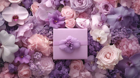 A stunning composition featuring a delicate purple gift box nestled among a variety of fresh purple flowers, perfect for celebrations and special occasions.の素材