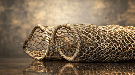 This image features a detailed close-up of decorative woven netting resting on a polished surface, complemented by a warm golden background, creating an elegant and artistic atmosphere.の素材