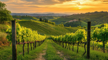 Captivating image of lush vineyards during a stunning sunset, showcasing rolling hills and a vibrant sky. Perfect for evoking feelings of tranquility.の素材