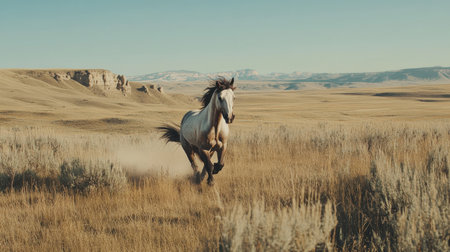 A stunning scene capturing a beautiful horse galloping freely across expansive grasslands, showcasing the raw beauty of nature and wildlife.の素材