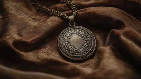 This captivating image showcases a vintage pendant resting on rich brown fabric, highlighting its intricate detailing and unique design, perfect for fashion or jewelry use.の素材