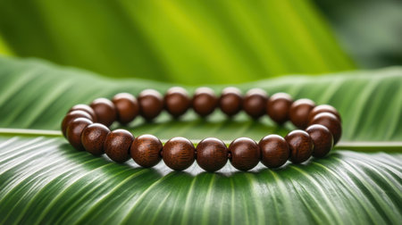 This stunning wooden bead bracelet rests elegantly on a lush green leaf, highlighting a perfect blend of nature and style. Ideal for eco-conscious fashion lovers.の素材