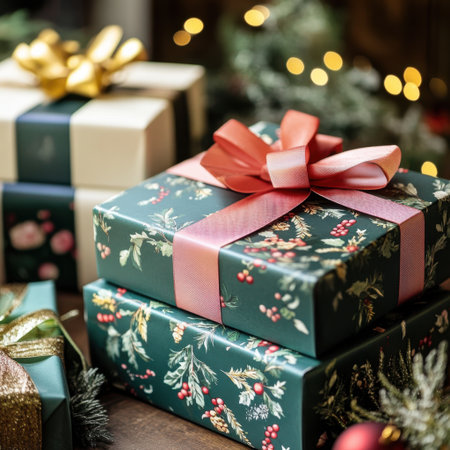 A beautifully arranged collection of holiday gift boxes adorned with colorful ribbons and floral designs, creating a cozy festive atmosphere filled with cheer.の素材