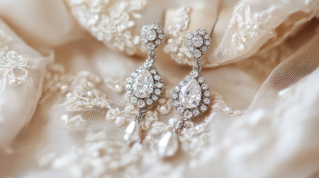 Stunning close-up of elegant diamond earrings featuring intricate designs, resting on soft, textured fabric, perfect for luxury fashion and bridal themes.の素材