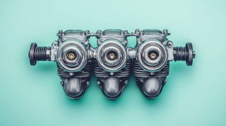 This detailed close-up showcases a vintage motorcycle engine, highlighting its polished chrome and intricate design against a soft mint background.の素材