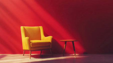 A vibrant yellow armchair paired with a simple side table creates a cozy and inviting atmosphere against a bold red wall, enhanced by soft lighting and shadows.の素材