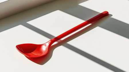 A bright red cooking spoon rests against a light surface while shadows create artistic patterns. This image depicts modern kitchen utensils in a minimalistic setting.の素材