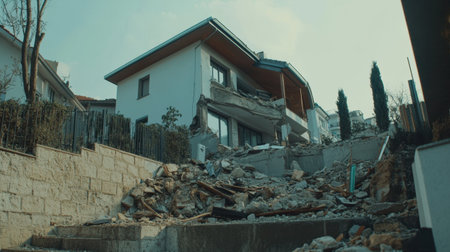 This image captures the harrowing aftermath of an earthquake, showcasing a damaged home enveloped by debris. The scene illustrates the destruction and challenges faced by communities in recovery efforts.の素材
