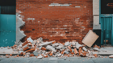 A close-up view of a damaged brick wall with debris scattered on the ground. The scene captures the textures and colors of urban decay, highlighting the contrast between aesthetic design and structural failures.の素材