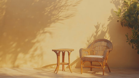 A serene outdoor setting features a rattan chair and round table, illuminated by soft sunlight against a warm yellow wall, creating a tranquil ambiance.の素材