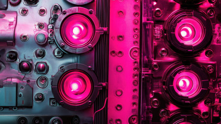 This image showcases a close-up view of a futuristic technological component. Intricate details and glowing pink lights highlight the advanced design and engineering.の素材