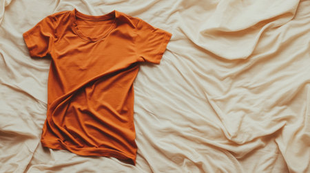An orange cotton t-shirt lays flat on a white bed sheet, capturing a casual and inviting vibe that enhances lifestyle and fashion photography projects.の素材