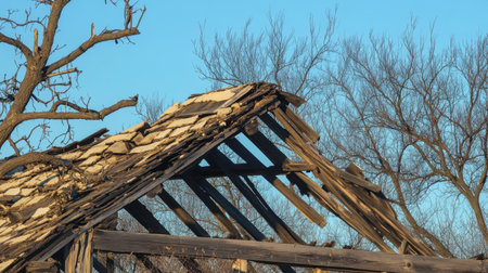 This image showcases the weathered roof of an abandoned structure, featuring damaged wood and bare trees against a clear blue sky, capturing nature's resilience.の素材