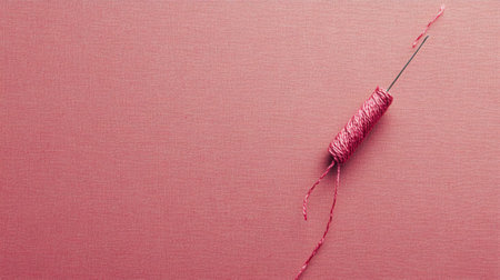 This image captures a close-up view of a needle with pink thread resting on a soft textured background, perfect for sewing and crafting projects.の素材