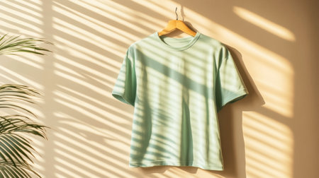 A soft green t-shirt hangs effortlessly on a wooden hanger, casting beautiful shadows on a wall, evoking a sense of tranquility and style.の素材