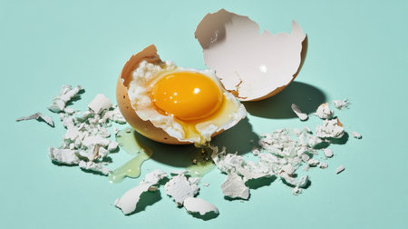 A vibrant image featuring a freshly cracked egg shell with a bright yellow yolk resting on a soft pastel background, showcasing natural textures and colors.の素材