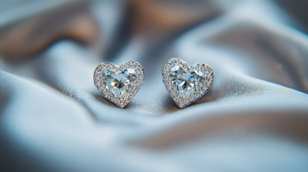 Discover a beautiful pair of heart-shaped earrings embellished with glittering diamonds, resting gracefully on a soft, luxurious fabric. Perfect for special occasions.の素材