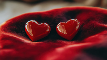 A pair of glimmering red heart shapes rests elegantly on a sumptuous velvet background, symbolizing love and affection in a romantic atmosphere.の素材