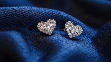 Discover the beauty of heart-shaped earrings adorned with sparkling diamonds, elegantly displayed on soft blue fabric, perfect for any occasion.の素材