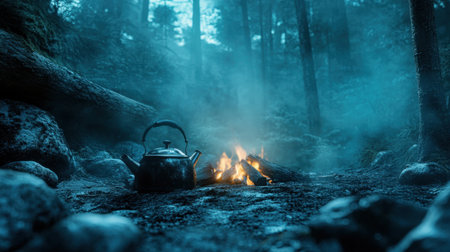 A tranquil scene of a campfire set in a misty forest during dusk, featuring a kettle nestled among smoky flames, surrounded by trees and rocks.の素材