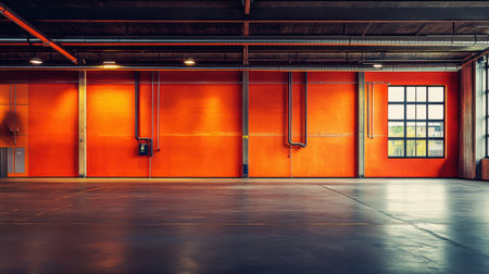 A spacious warehouse interior featuring bright orange walls and industrial design elements. The minimalist aesthetic creates a vibrant atmosphere for various uses.の素材