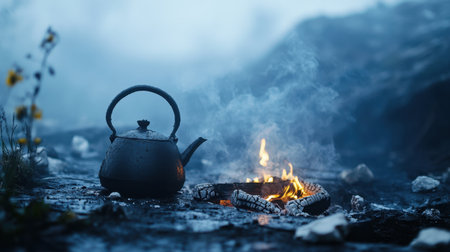 A serene scene featuring a black kettle resting beside a small crackling fire, surrounded by misty landscape elements, embodying warmth and tranquility.の素材