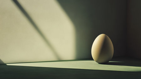 A serene and minimalist still life featuring a single egg on a green surface, accentuated by soft shadows and delicate lighting, creating an elegant atmosphere.の素材