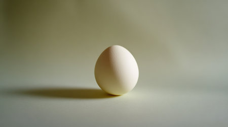 A single white egg sits gracefully on a soft, neutral background. This minimalist composition highlights the egg's smooth surface and subtle shadows, ideal for culinary or health-related themes.の素材