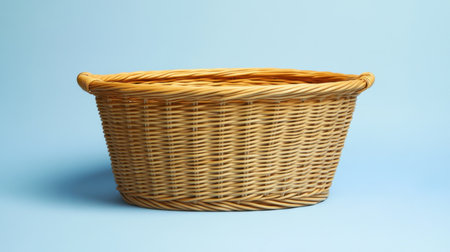 This woven natural basket features handles and a soft blue background, perfect for home organization or decor. Ideal for various storage needs.の素材