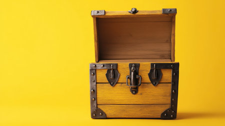 This vintage wooden treasure chest features an open lid and a rustic design, perfect for imaginative adventures or decorative purposes. Set against a bright yellow background, it offers a warm and inviting look, ideal for various themes like exploration and nostalgia.の素材