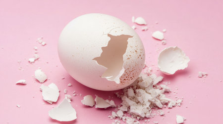 A broken eggshell on a pink background reveals a glimpse of the egg interior. This visually striking image showcases the delicate texture and color contrast, perfect for various creative projects.の素材