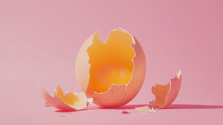 A delicate eggshell sits on a soft pink background, showcasing a vibrant yellow yolk emerging from within, evoking themes of new life and potential.の素材