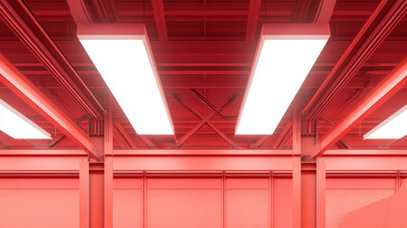 This image captures a modern industrial interior with bright red tones and LED ceiling lights, highlighting contemporary architectural design and ambiance.の素材